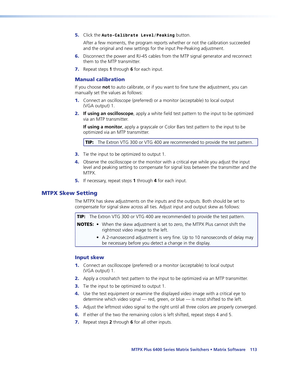 Manual calibration, Mtpx skew setting, Input skew | O manually set the input level and peaking, see | Extron Electronics MTPX Plus 6400 Series User Guide User Manual | Page 119 / 166