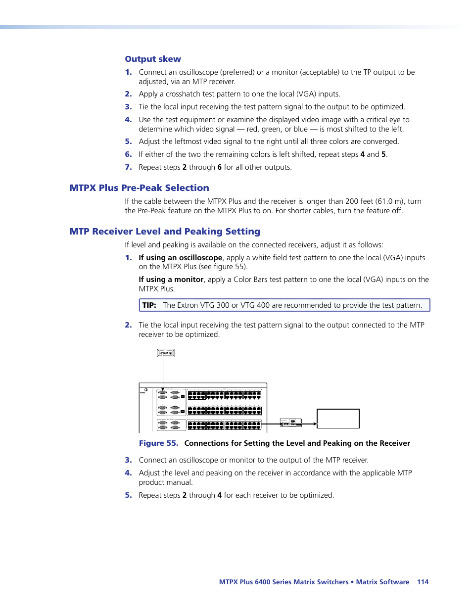 Output skew, Mtpx plus pre-peak selection, Mtp receiver level and peaking setting | Extron Electronics MTPX Plus 6400 Series User Guide User Manual | Page 120 / 166
