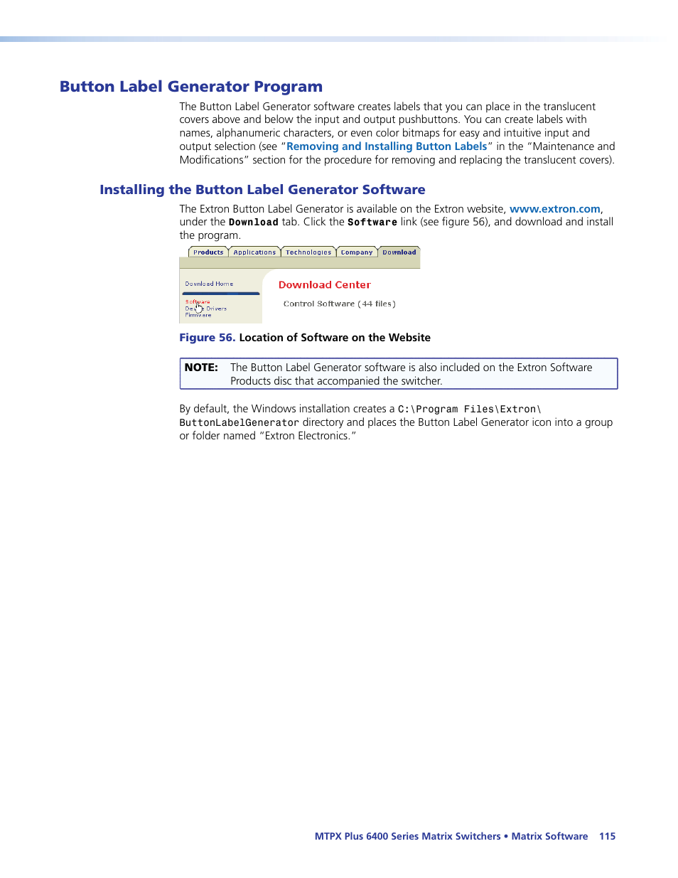 Button label generator program, Installing the button label generator software, Installing the button label generator | Software, E 14) (see, In the | Extron Electronics MTPX Plus 6400 Series User Guide User Manual | Page 121 / 166