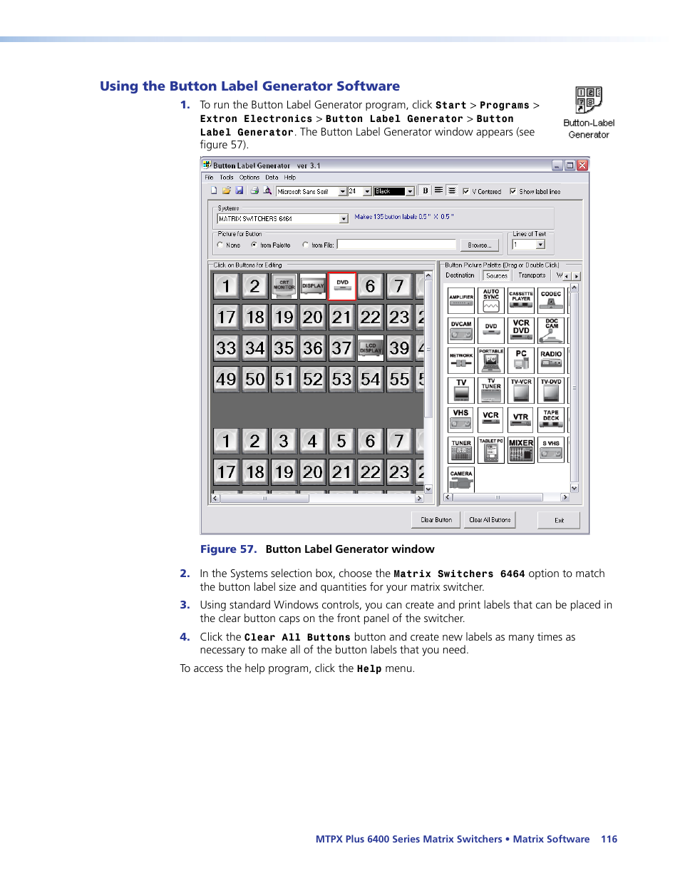 Using the button label generator software, Using the button label generator, Software | Extron Electronics MTPX Plus 6400 Series User Guide User Manual | Page 122 / 166