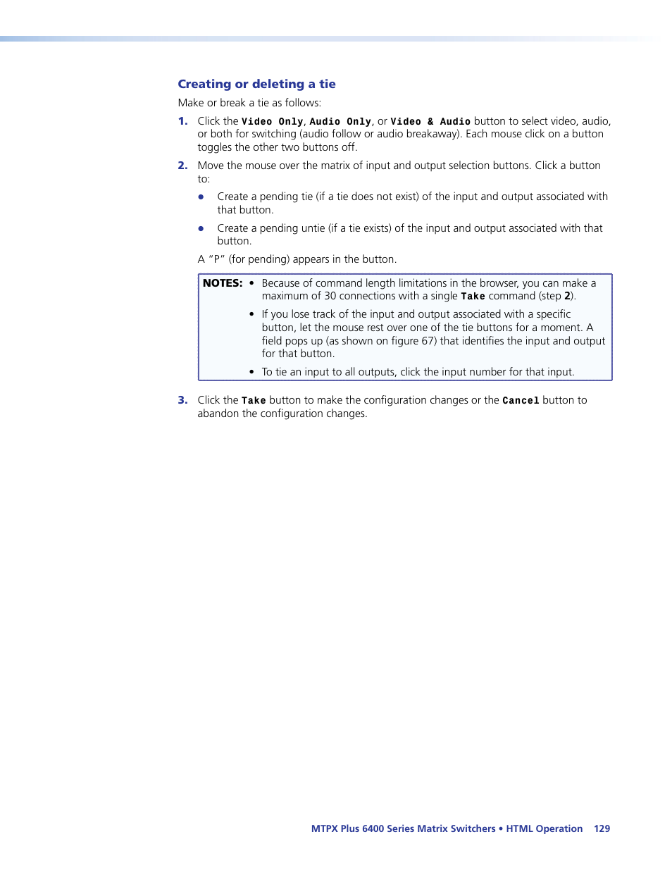 Creating or deleting a tie | Extron Electronics MTPX Plus 6400 Series User Guide User Manual | Page 135 / 166