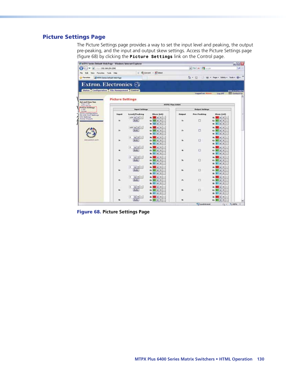 Html operation, Sections), Picture settings page | Extron Electronics MTPX Plus 6400 Series User Guide User Manual | Page 136 / 166