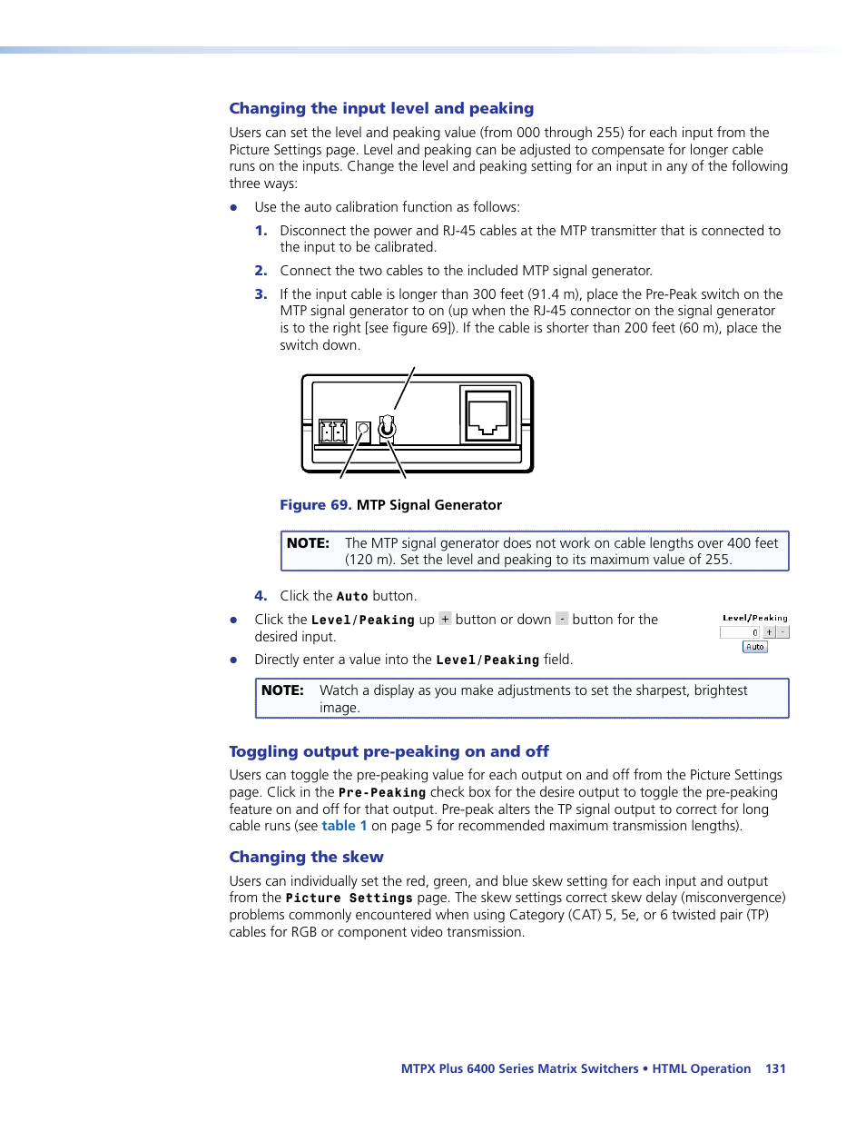 Changing the input level and peaking, Toggling output pre-peaking on and off, Changing the skew | Extron Electronics MTPX Plus 6400 Series User Guide User Manual | Page 137 / 166