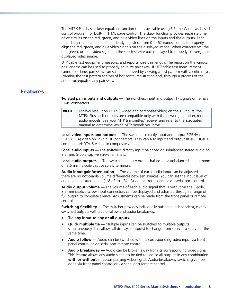 Features | Extron Electronics MTPX Plus 6400 Series User Guide User Manual | Page 14 / 166