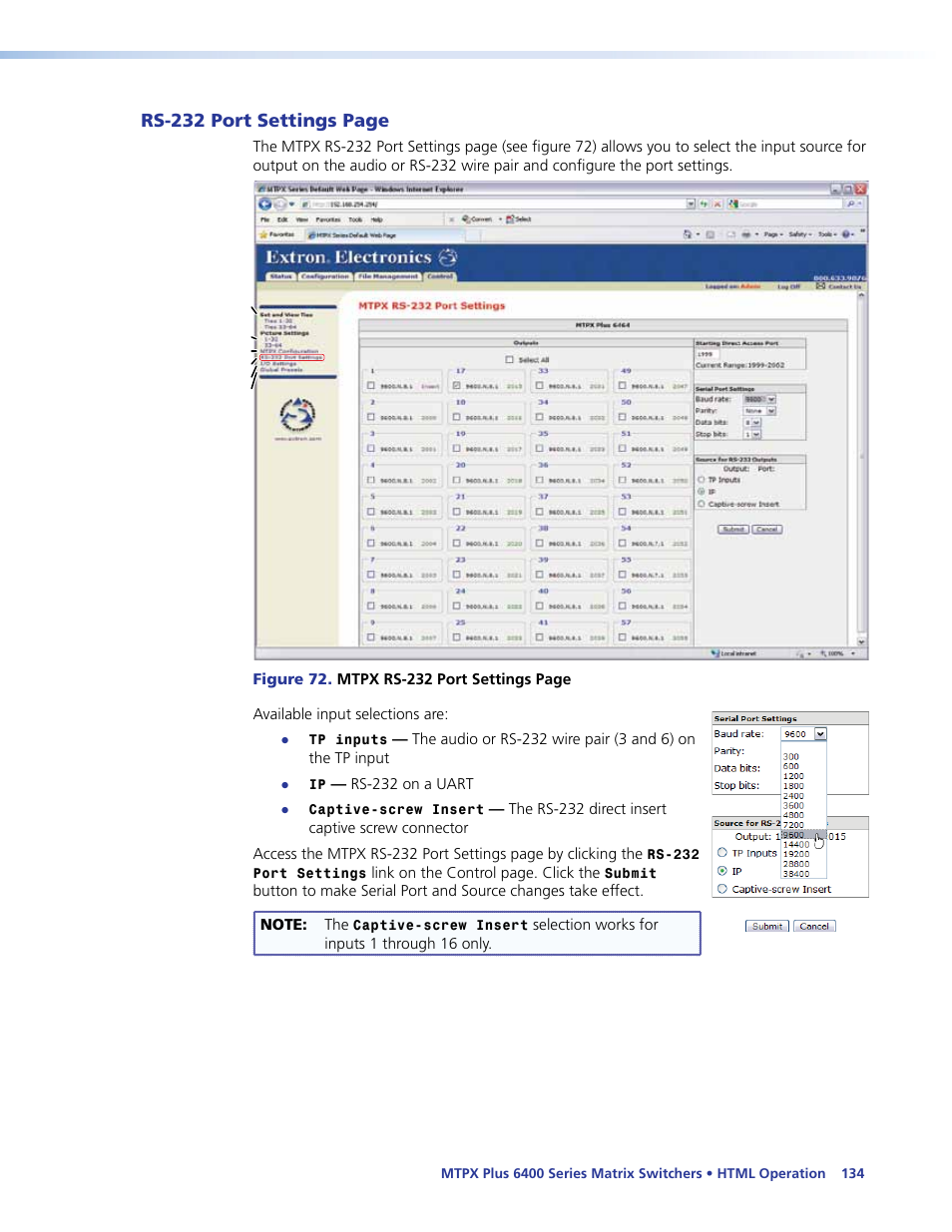 Html operation, Rs-232 port settings page | Extron Electronics MTPX Plus 6400 Series User Guide User Manual | Page 140 / 166