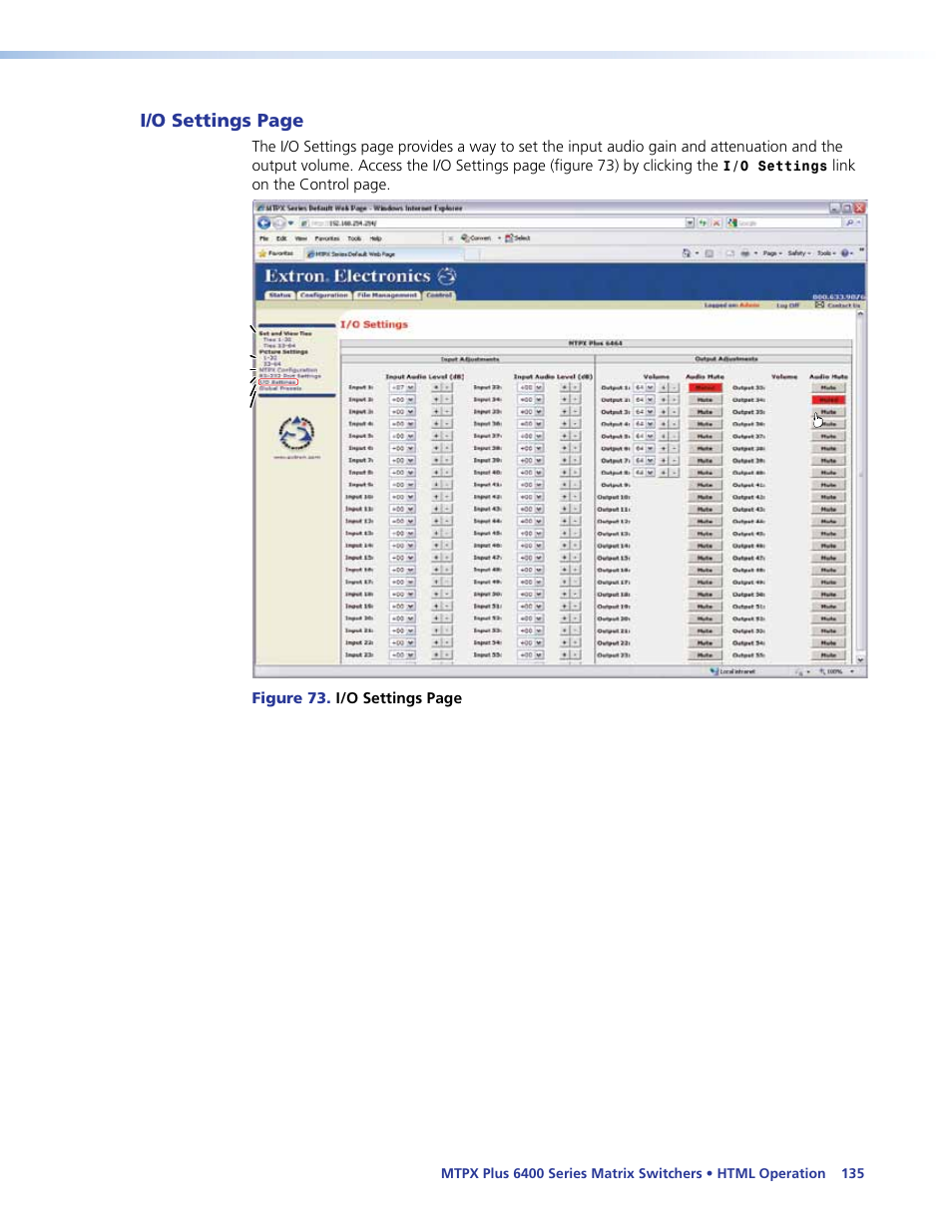 I/o settings page | Extron Electronics MTPX Plus 6400 Series User Guide User Manual | Page 141 / 166