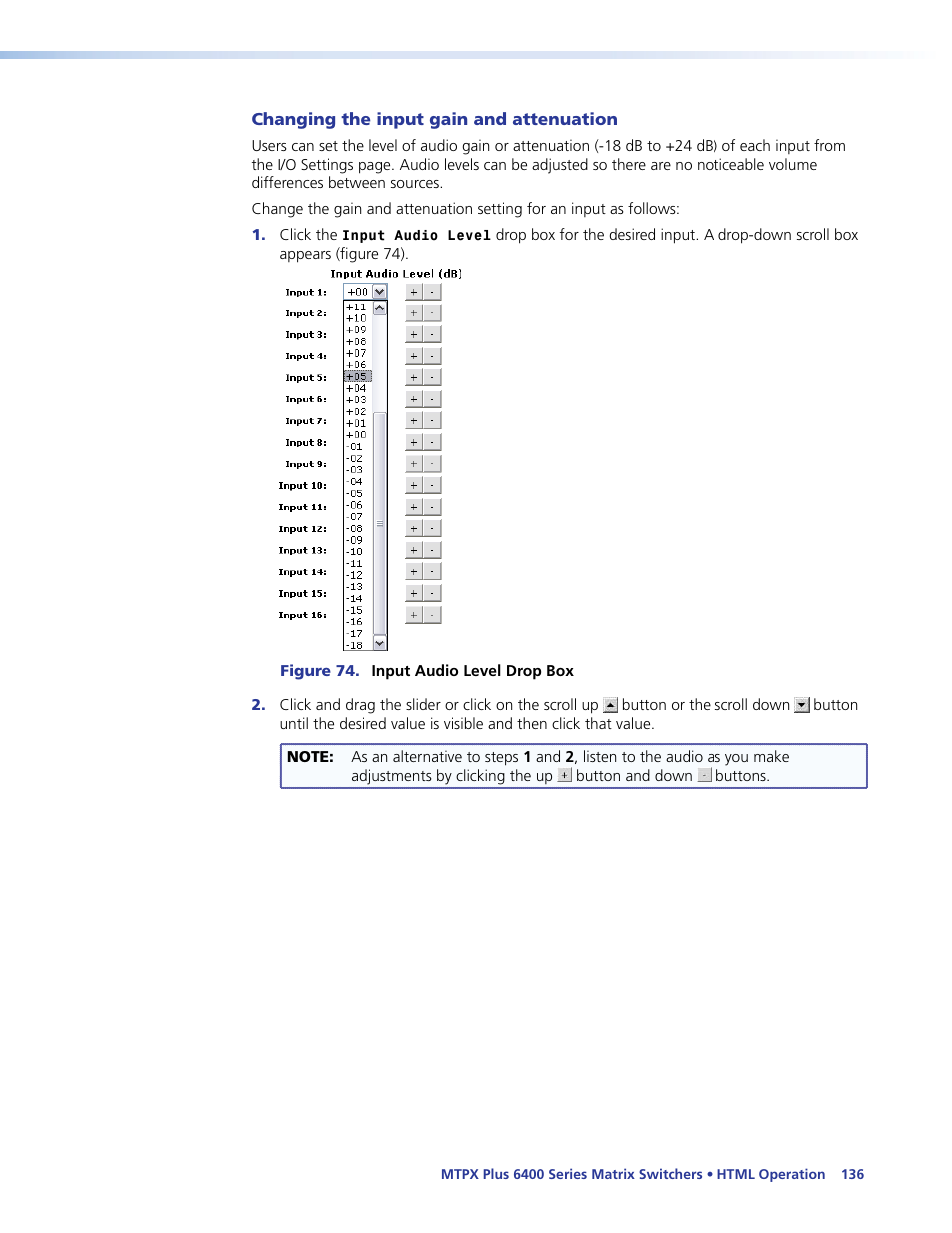 Changing the input gain and attenuation, Html operation | Extron Electronics MTPX Plus 6400 Series User Guide User Manual | Page 142 / 166