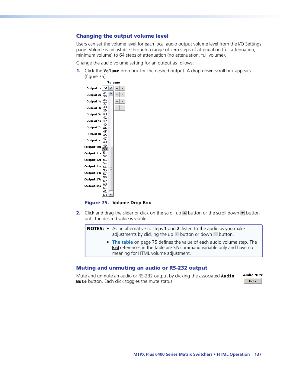 Changing the output volume level, Muting and unmuting an audio or rs-232 output, Html | Operation | Extron Electronics MTPX Plus 6400 Series User Guide User Manual | Page 143 / 166