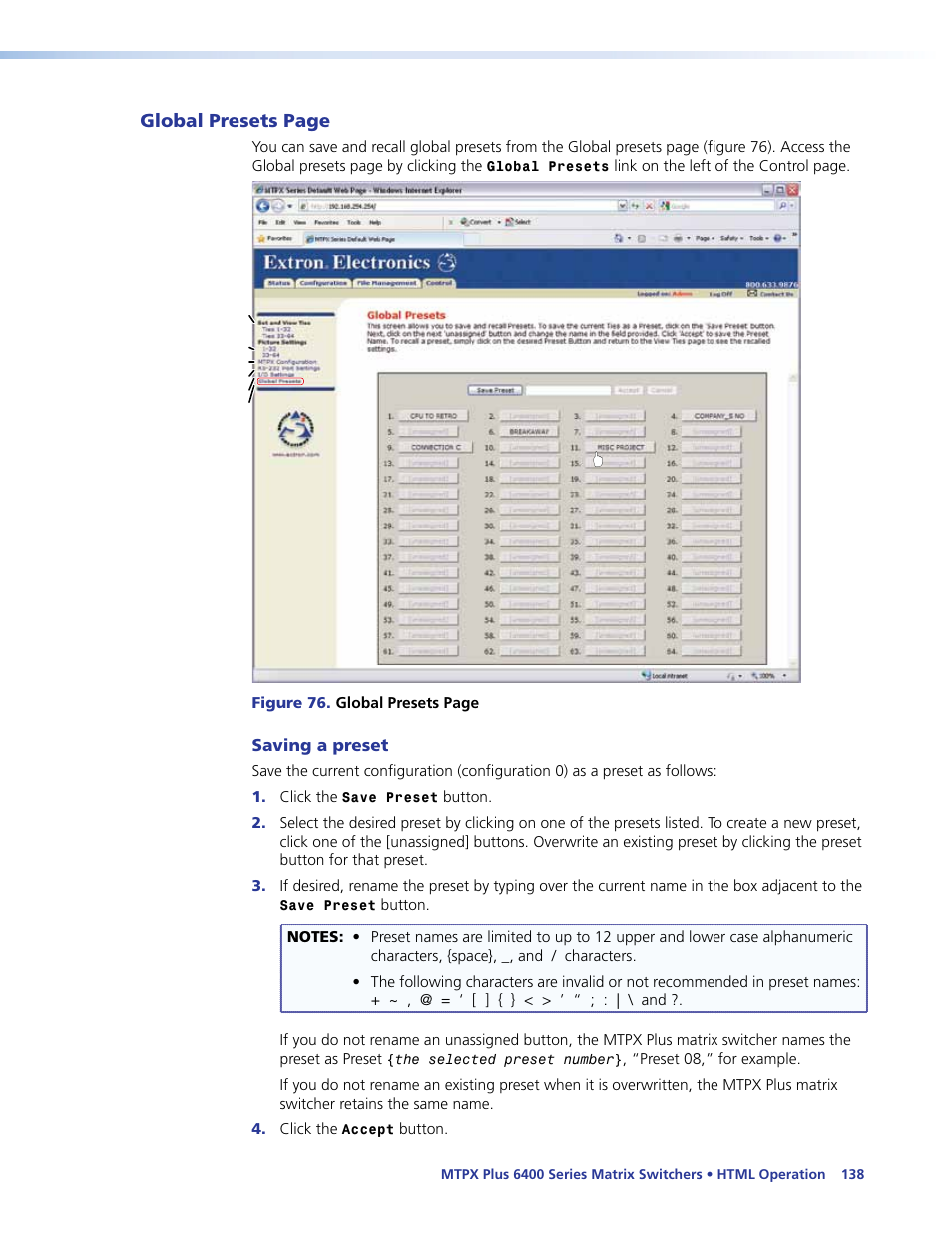 Saving a preset | Extron Electronics MTPX Plus 6400 Series User Guide User Manual | Page 144 / 166