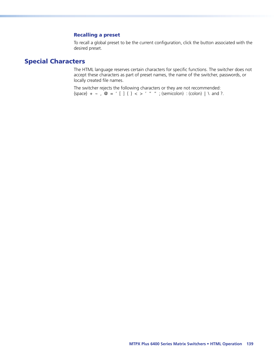 Recalling a preset, Special characters | Extron Electronics MTPX Plus 6400 Series User Guide User Manual | Page 145 / 166
