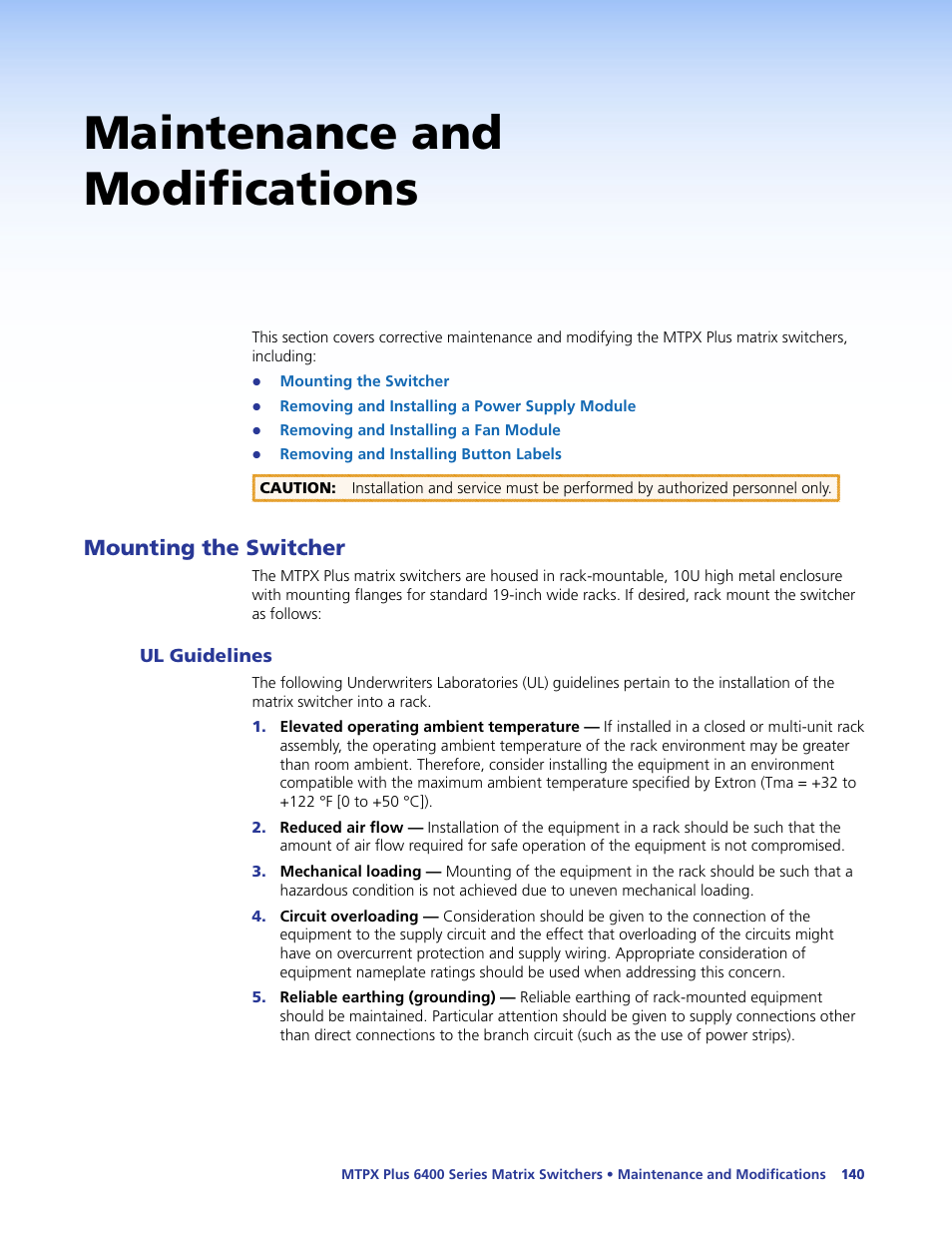 Maintenance and modifications, Mounting the switcher, Ul guidelines | Extron Electronics MTPX Plus 6400 Series User Guide User Manual | Page 146 / 166