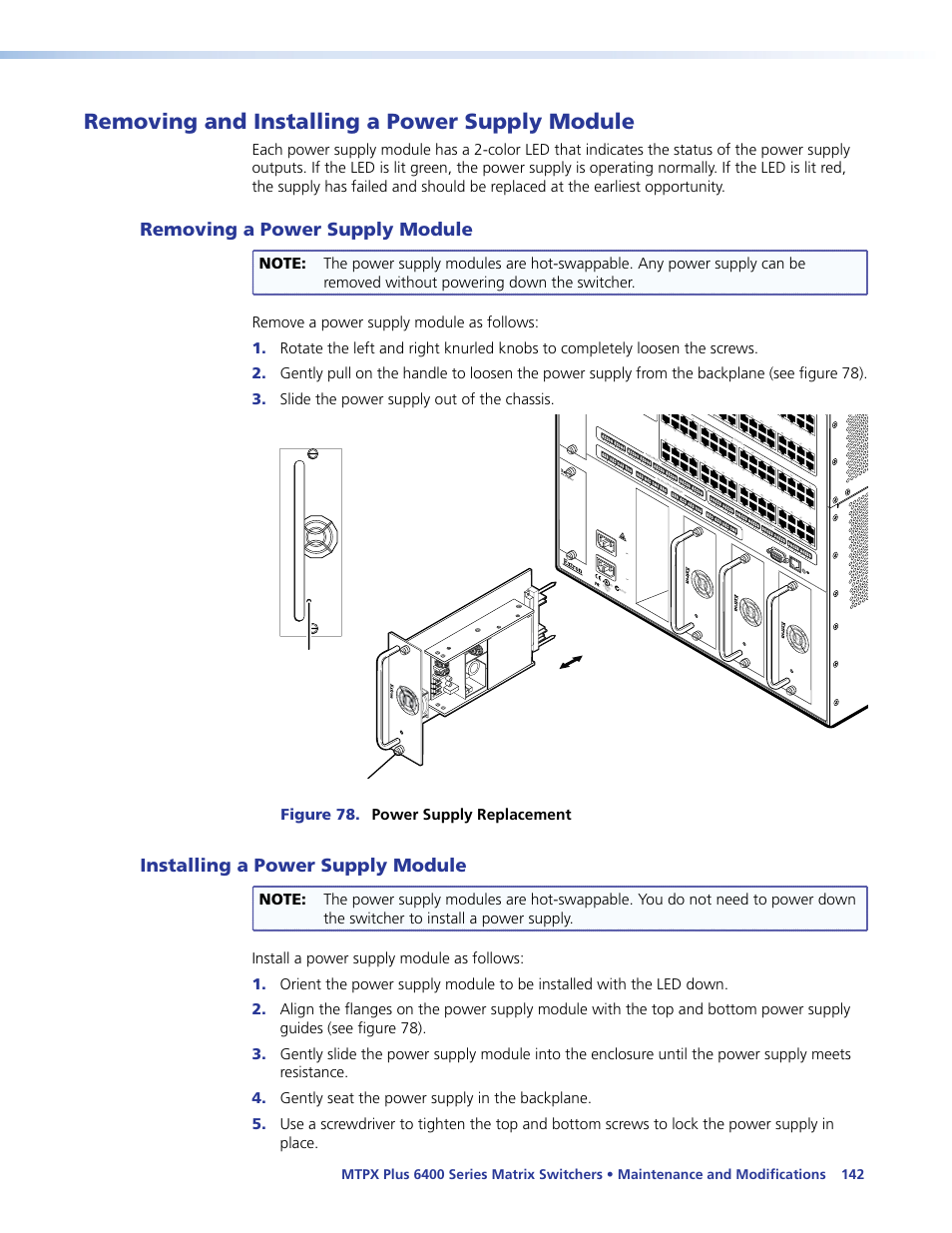 Removing and installing a power supply module, Removing a power supply module, Installing a power supply module | Removing and installing, A power supply module, Maintenance and modifications, Maintenance and, Modifications, Figure 78. power supply replacement, Fan assembl y | Extron Electronics MTPX Plus 6400 Series User Guide User Manual | Page 148 / 166