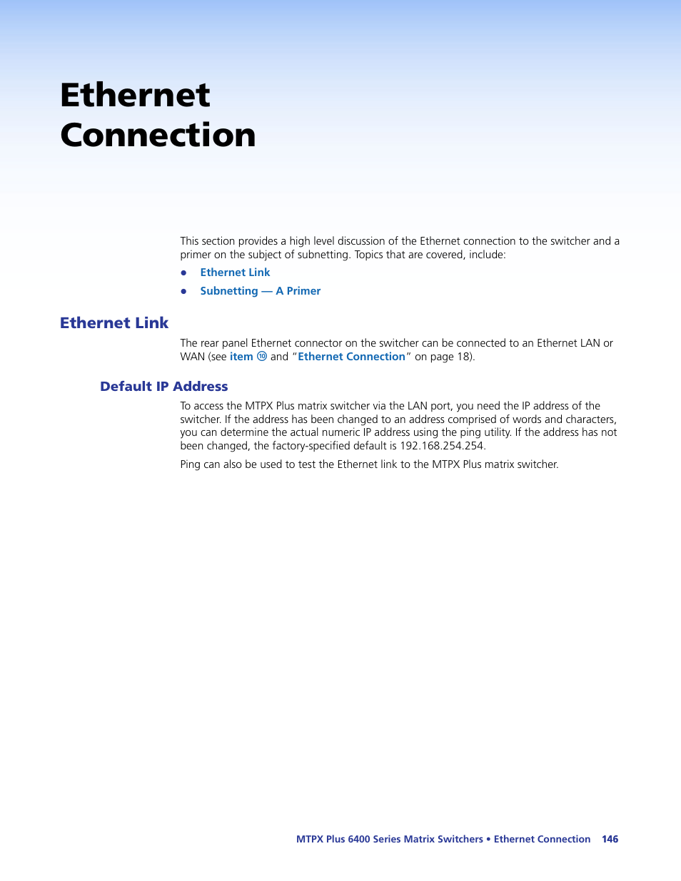 Ethernet connection, Ethernet link, Default ip address | Read, For mor | Extron Electronics MTPX Plus 6400 Series User Guide User Manual | Page 152 / 166