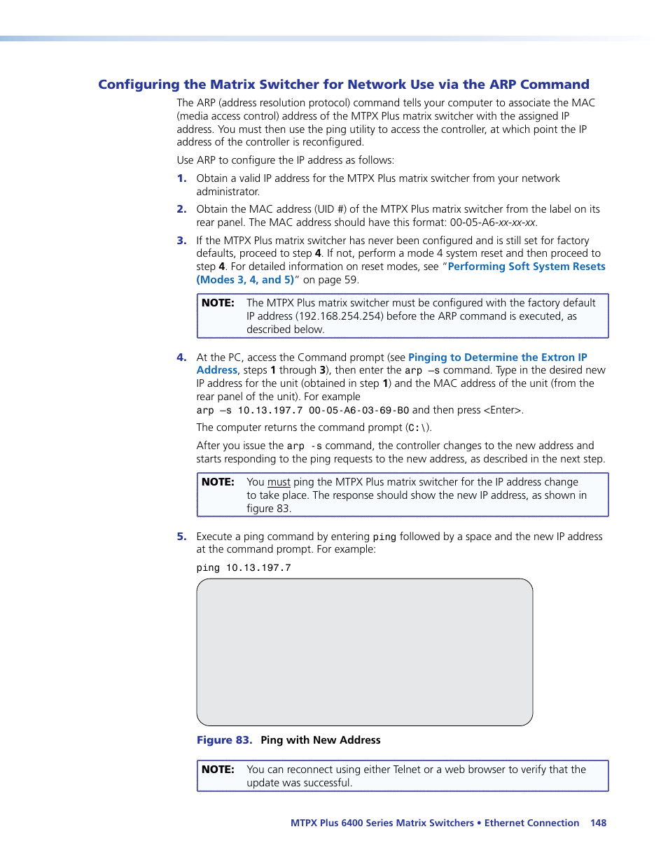 Configuring the matrix switcher, For network use via the arp command | Extron Electronics MTPX Plus 6400 Series User Guide User Manual | Page 154 / 166