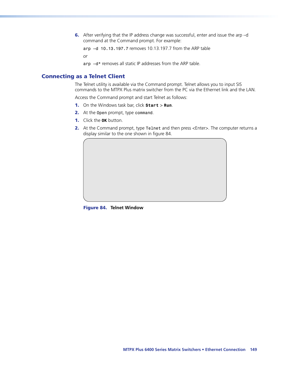 Connecting as a telnet client | Extron Electronics MTPX Plus 6400 Series User Guide User Manual | Page 155 / 166