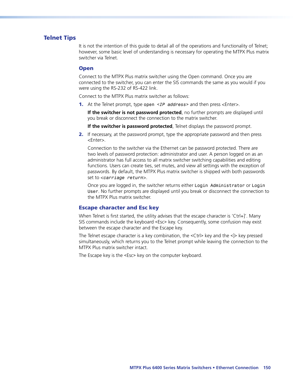 Telnet tips | Extron Electronics MTPX Plus 6400 Series User Guide User Manual | Page 156 / 166
