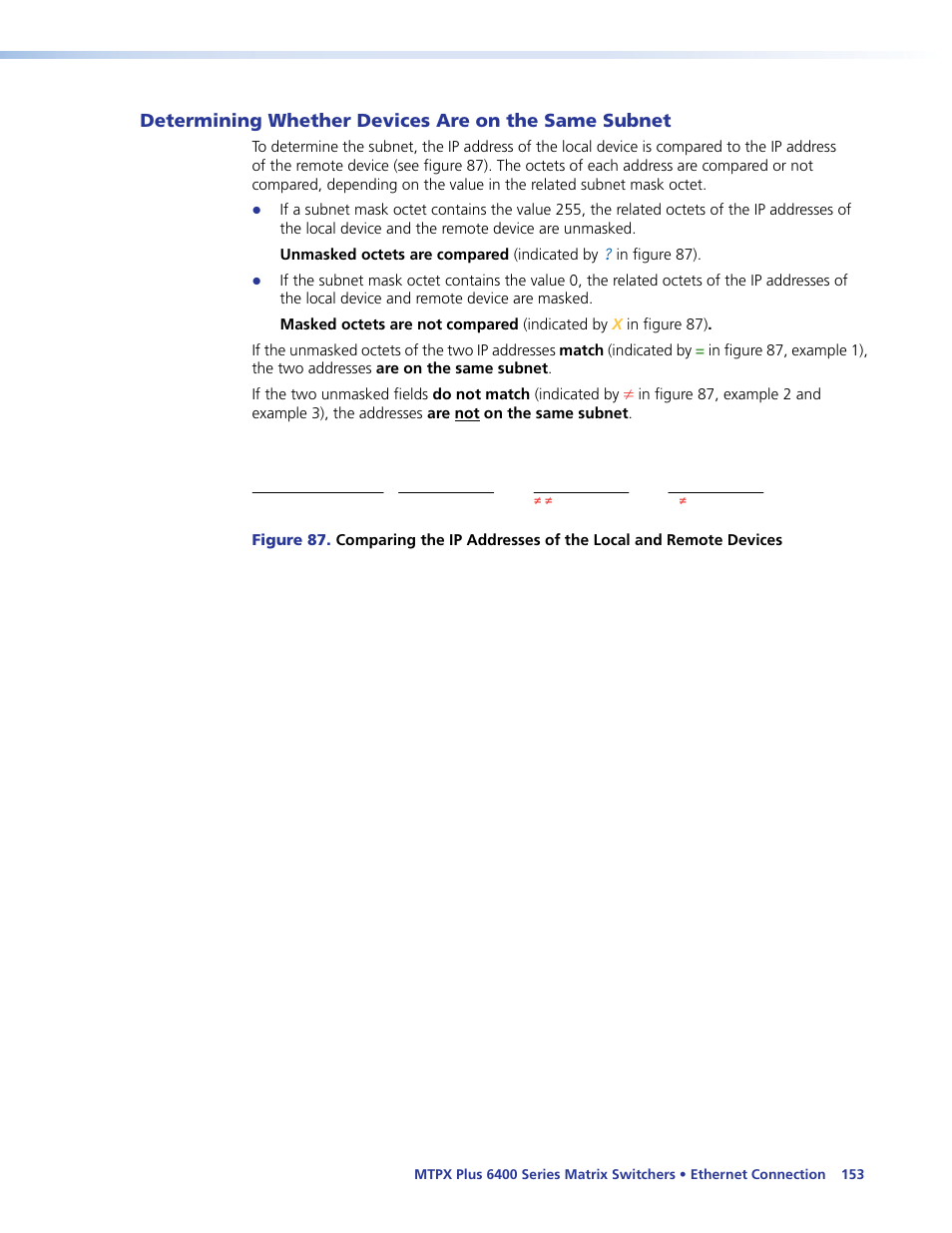 Determining whether devices are on the same subnet, Determining whether devices, Are on the same subnet | Extron Electronics MTPX Plus 6400 Series User Guide User Manual | Page 159 / 166