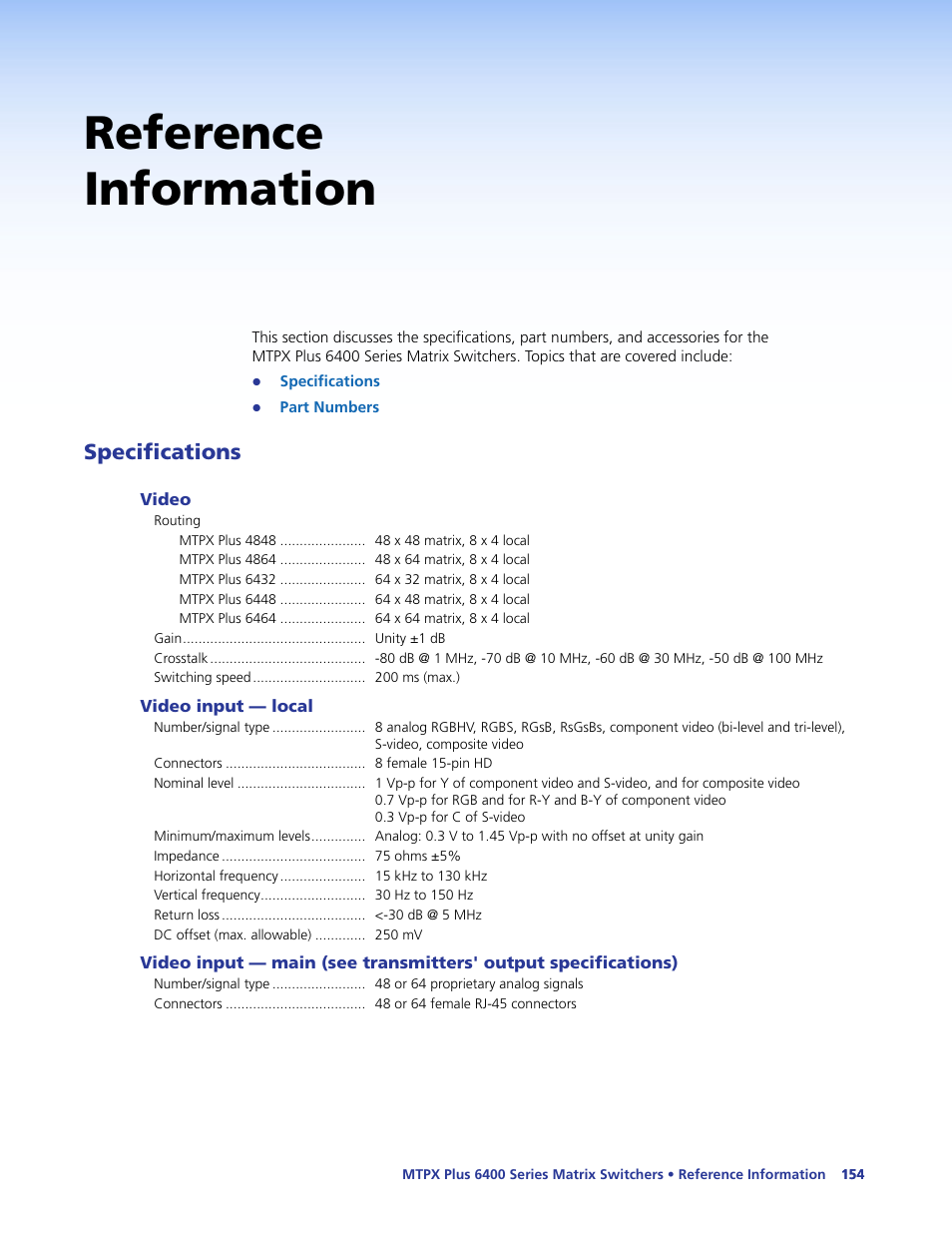 Reference information, Specifications | Extron Electronics MTPX Plus 6400 Series User Guide User Manual | Page 160 / 166