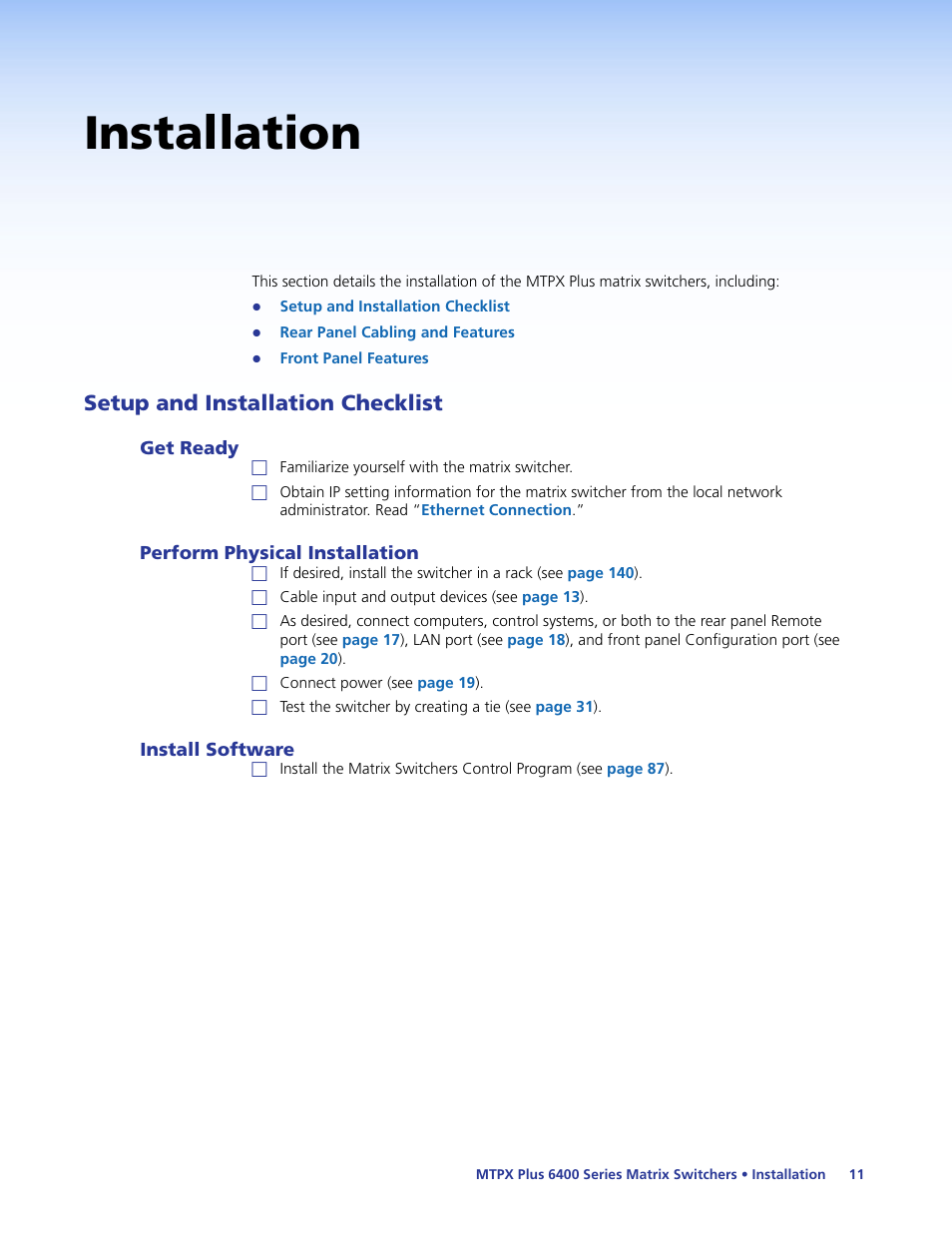 Installation, Setup and installation checklist, Get ready | Perform physical installation, Install software | Extron Electronics MTPX Plus 6400 Series User Guide User Manual | Page 17 / 166