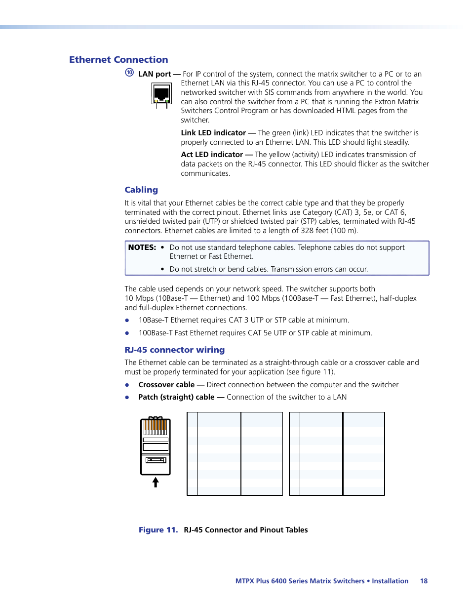 Ethernet connection, Cabling, Rj-45 connector wiring | Extron Electronics MTPX Plus 6400 Series User Guide User Manual | Page 24 / 166
