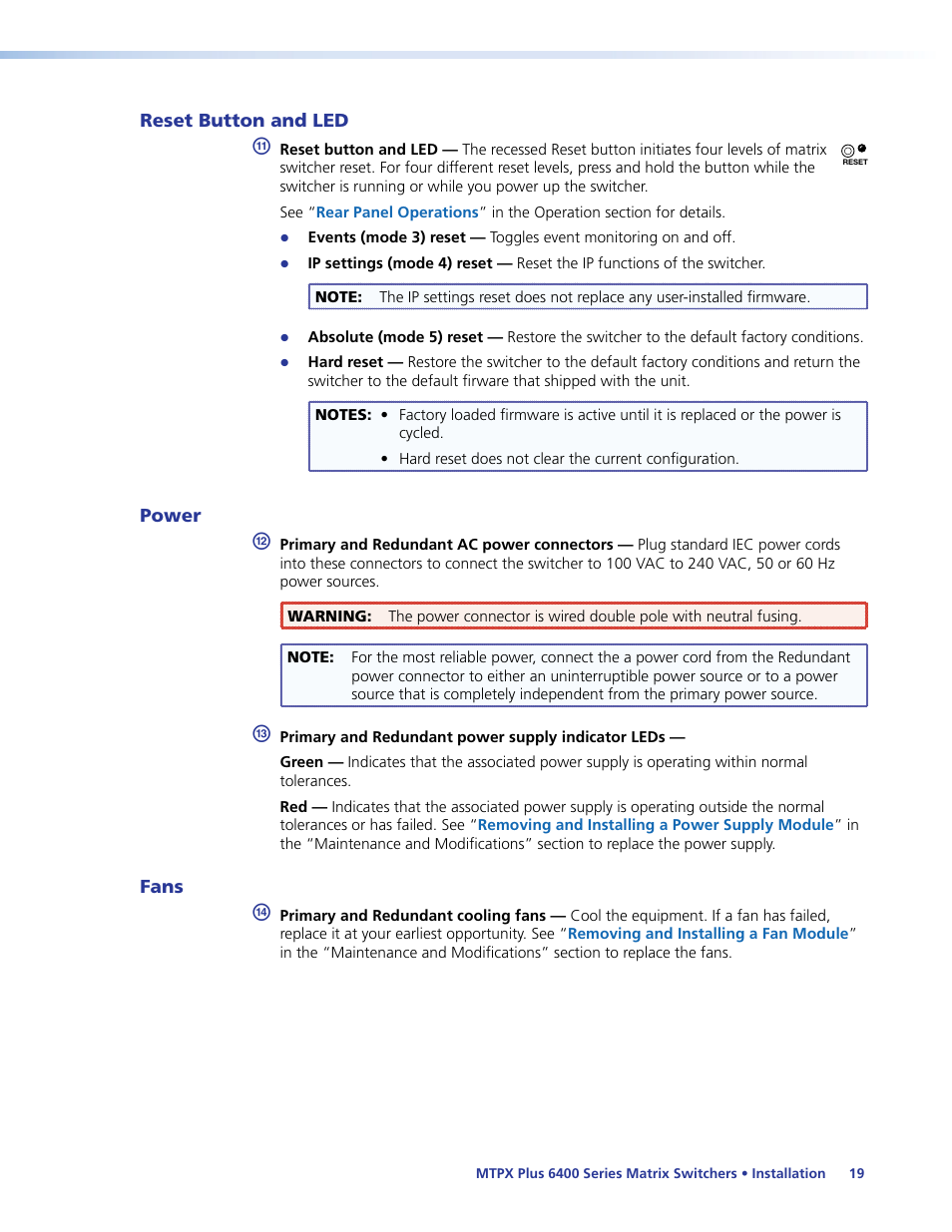 Reset button and led, Power, Fans | Reset button and led power fans | Extron Electronics MTPX Plus 6400 Series User Guide User Manual | Page 25 / 166