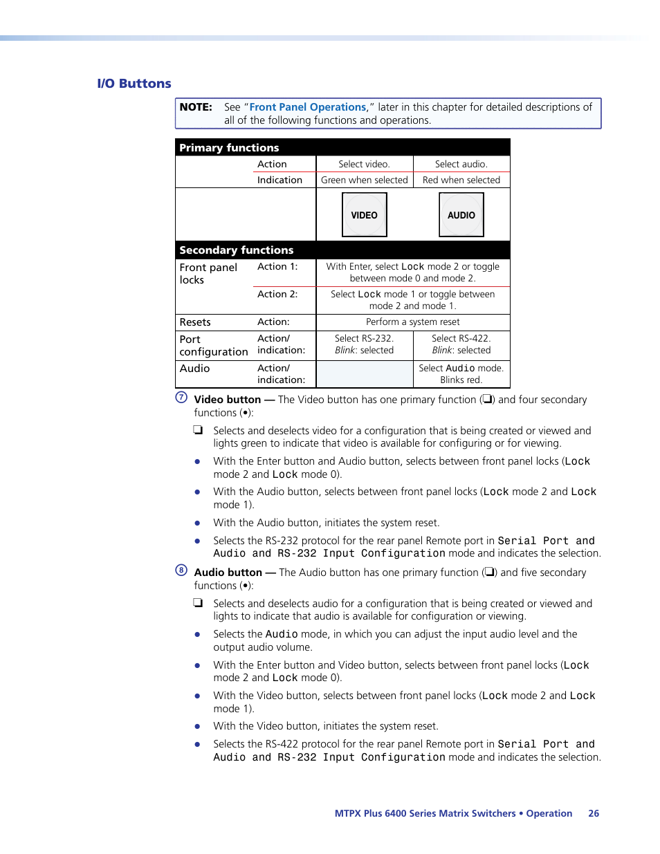 I/o buttons, Buttons | Extron Electronics MTPX Plus 6400 Series User Guide User Manual | Page 32 / 166