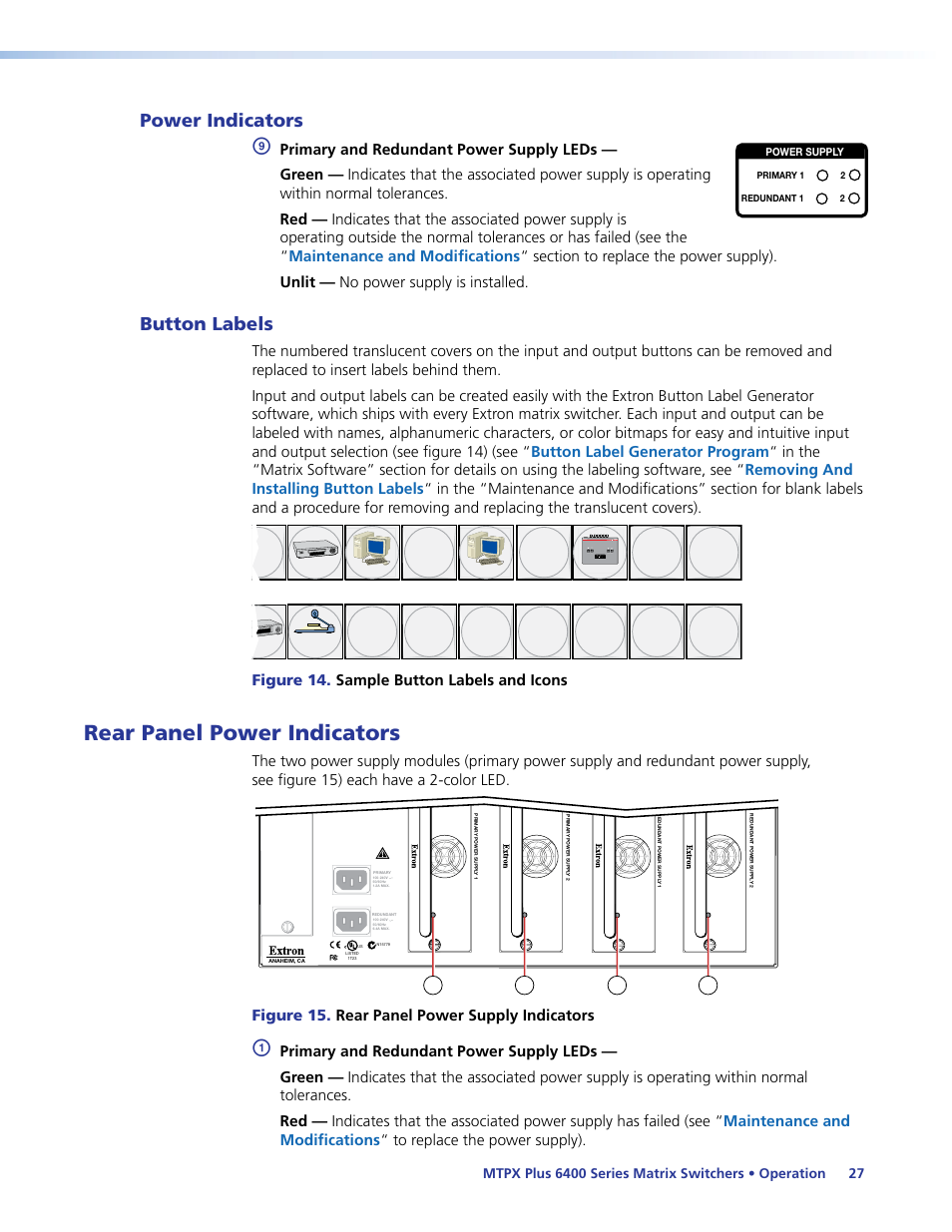 Power indicators, Button labels, Rear panel power indicators | Power indicators button labels | Extron Electronics MTPX Plus 6400 Series User Guide User Manual | Page 33 / 166