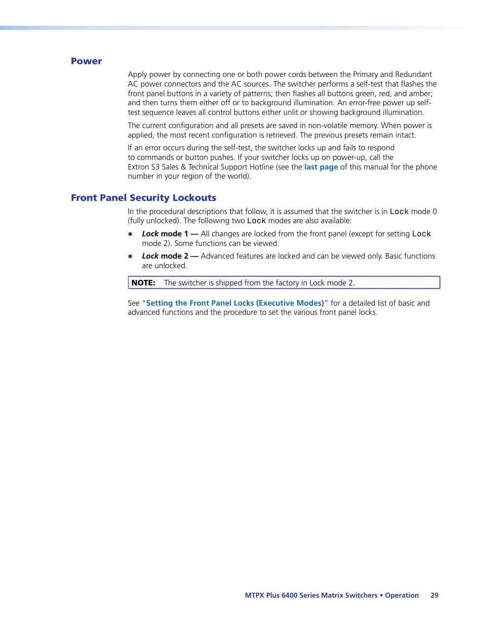 Power, Front panel security lockouts, Power front panel security lockouts | Extron Electronics MTPX Plus 6400 Series User Guide User Manual | Page 35 / 166
