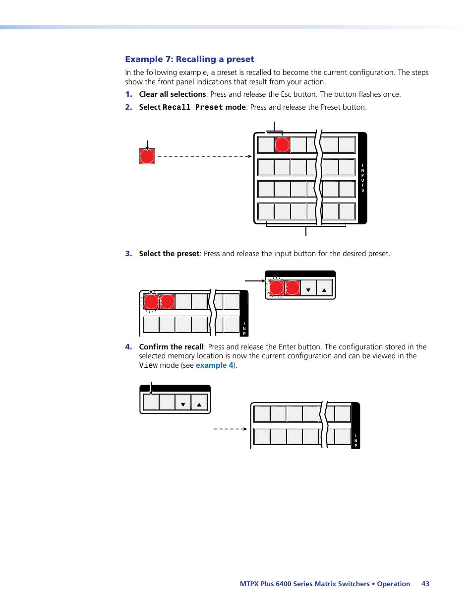 Example 7: recalling a preset, Recalling a preset | Extron Electronics MTPX Plus 6400 Series User Guide User Manual | Page 49 / 166