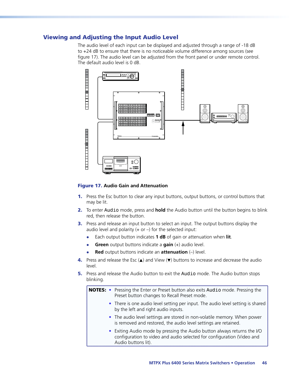 Viewing and adjusting the input audio level, Viewing and adjusting, The input audio level | Operation, And view, Primary 1 2 redundant 1 2 | Extron Electronics MTPX Plus 6400 Series User Guide User Manual | Page 52 / 166