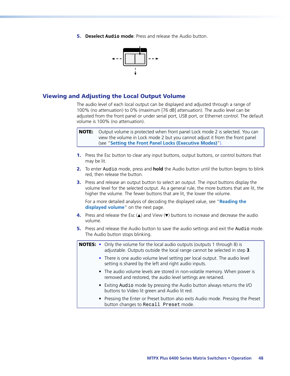 Viewing and adjusting the local output volume, Viewing and adjusting, The local output volume | Operation | Extron Electronics MTPX Plus 6400 Series User Guide User Manual | Page 54 / 166