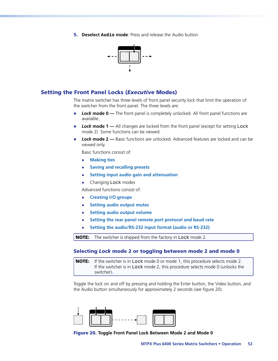 Setting the front panel locks (executive modes), Setting the front panel locks, Executive modes) | Ont panel (see, Setting the front panel locks (executive, Modes), Setting the front panel locks ( executive modes) | Extron Electronics MTPX Plus 6400 Series User Guide User Manual | Page 58 / 166