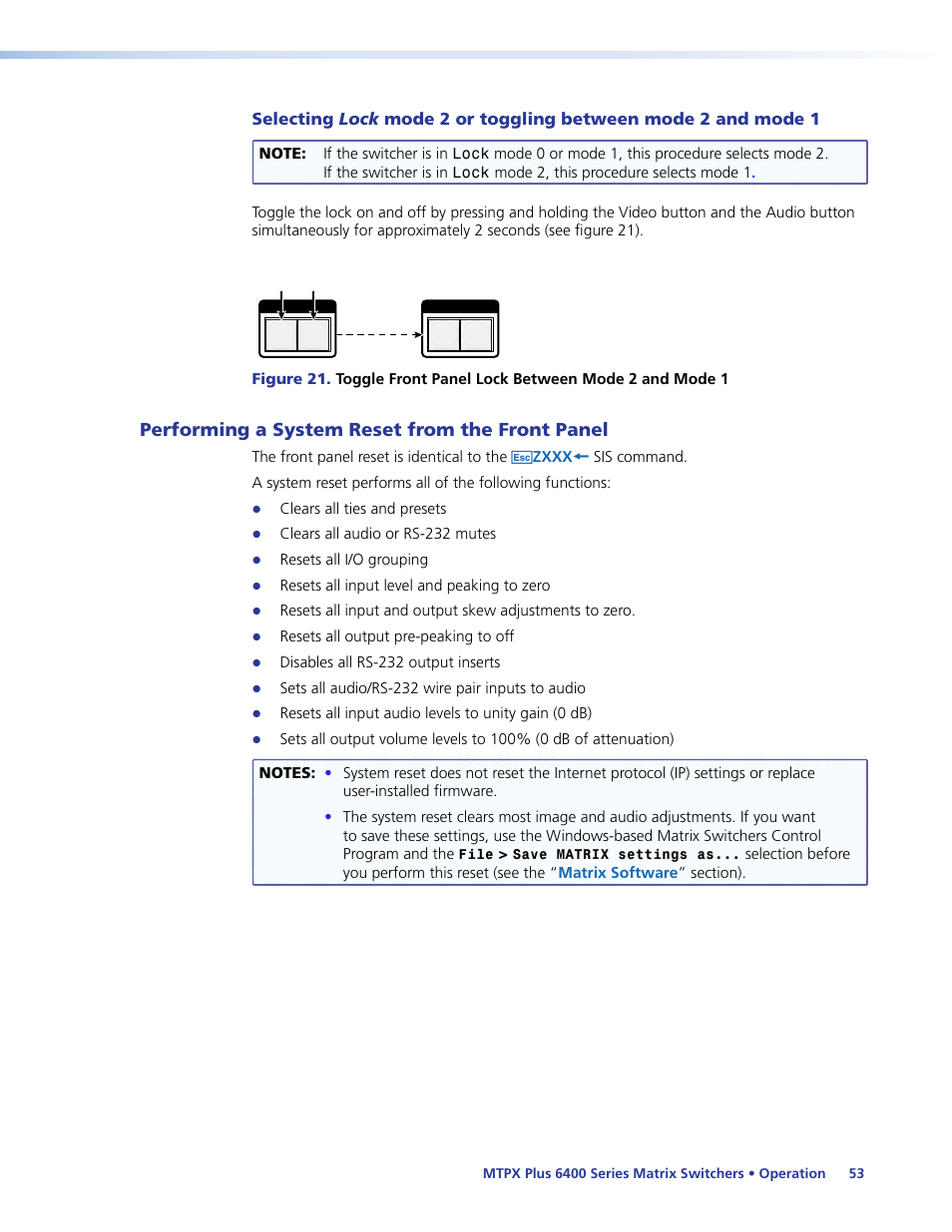 Performing a system reset from the front panel, Performing a system reset from, The front panel | Performing a front panel reset | Extron Electronics MTPX Plus 6400 Series User Guide User Manual | Page 59 / 166