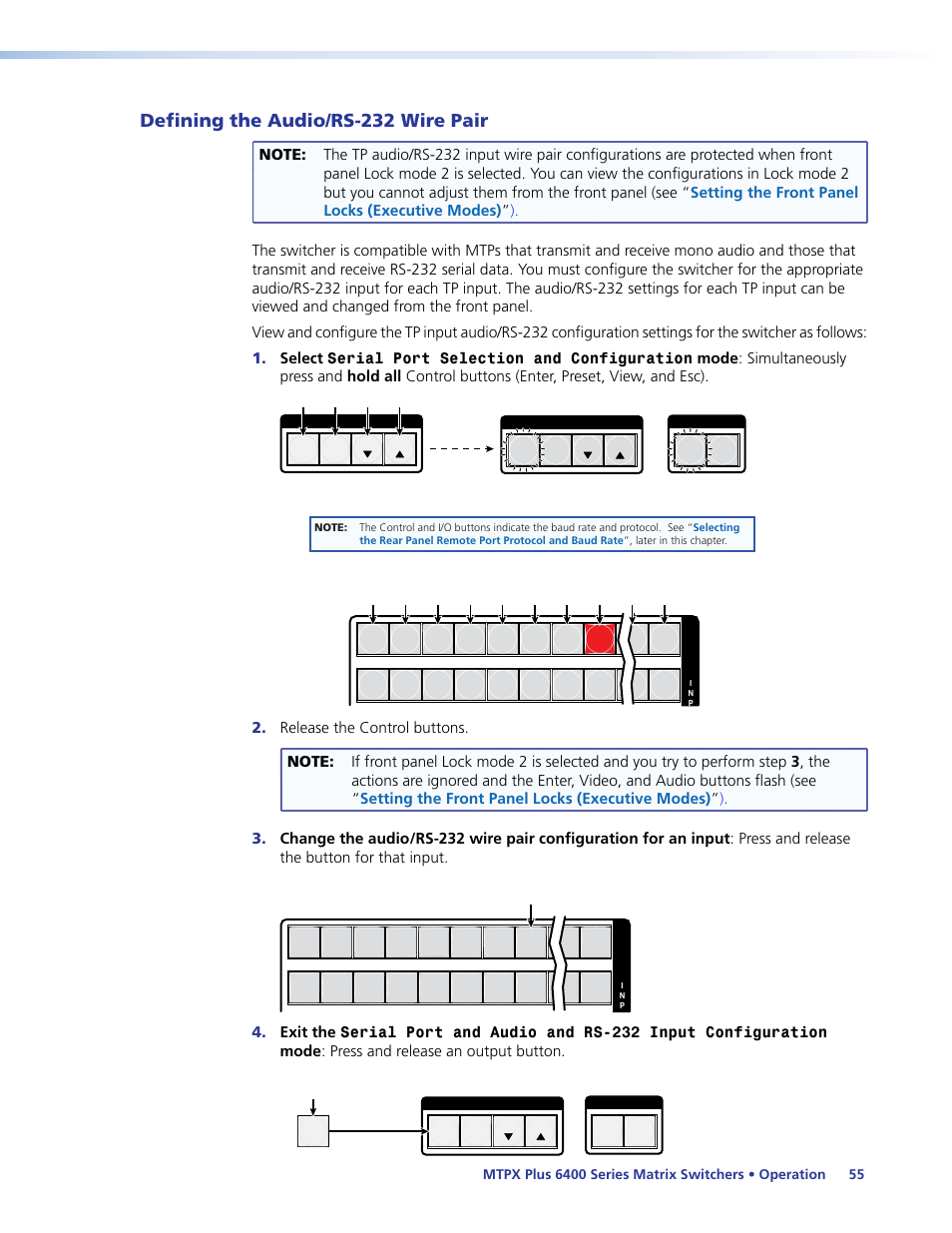 Defining the audio/rs-232 wire pair, E pair (pins 3 and 6) for each tp input (see, Defining the audio | Rs-232 wire pair | Extron Electronics MTPX Plus 6400 Series User Guide User Manual | Page 61 / 166