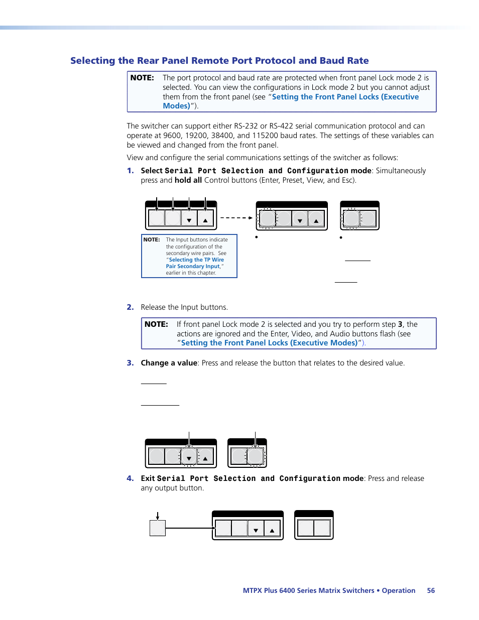 Selecting the rear panel remote port, Protocol and baud rate, Rate | Selecting, The rear panel remote port protocol and baud rate, Later in this chapter | Extron Electronics MTPX Plus 6400 Series User Guide User Manual | Page 62 / 166