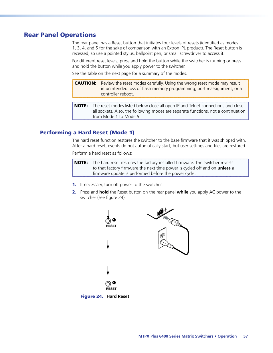 Rear panel operations, Performing a hard reset (mode 1), In the operation section for details | Extron Electronics MTPX Plus 6400 Series User Guide User Manual | Page 63 / 166