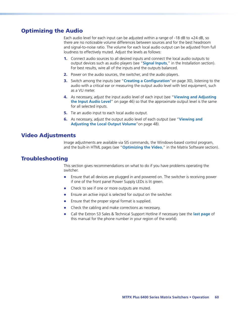 Optimizing the audio, Video adjustments, Troubleshooting | Extron Electronics MTPX Plus 6400 Series User Guide User Manual | Page 66 / 166