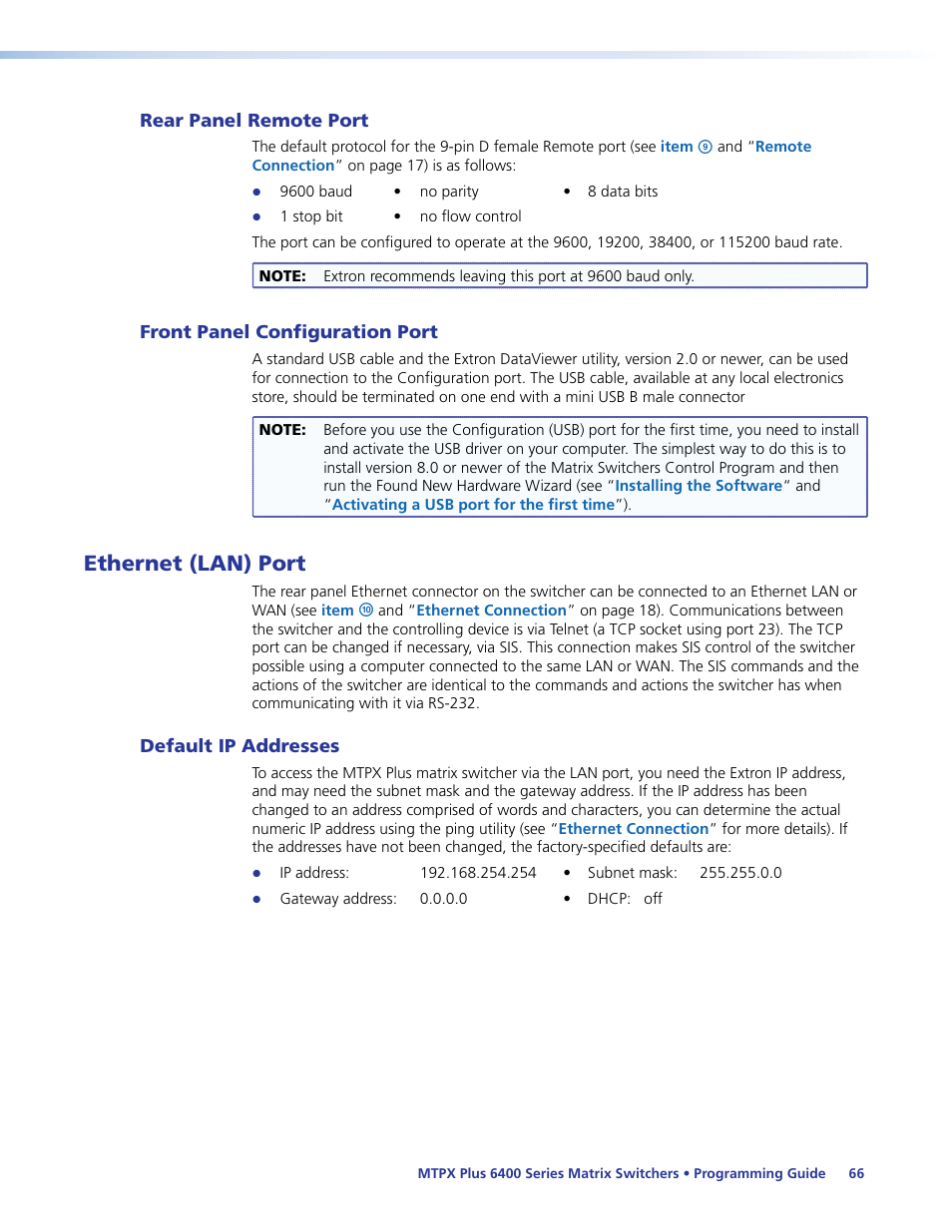 Rear panel remote port, Front panel configuration port, Ethernet (lan) port | Default ip addresses, Net (lan) port | Extron Electronics MTPX Plus 6400 Series User Guide User Manual | Page 72 / 166