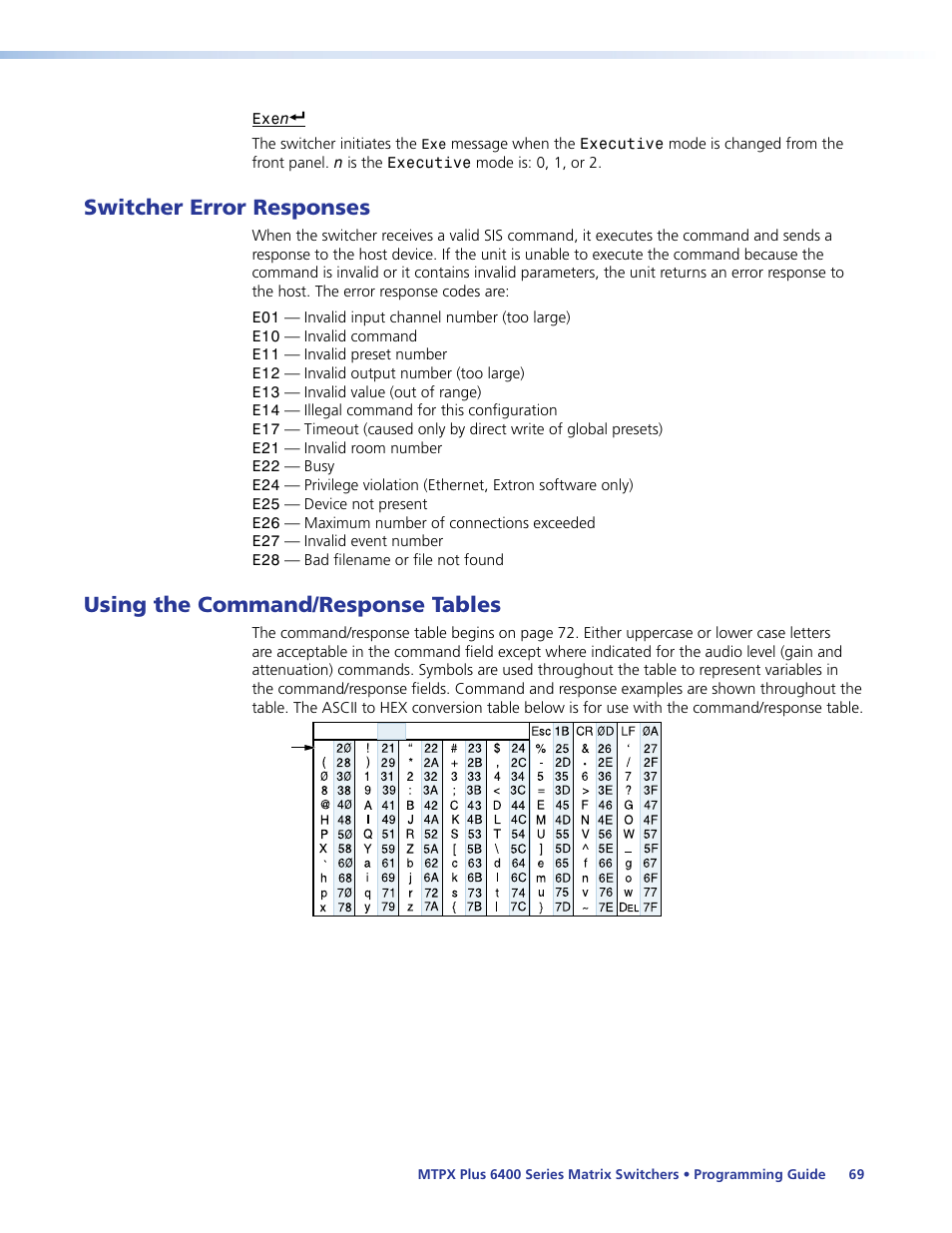 Switcher error responses, Using the command/response tables | Extron Electronics MTPX Plus 6400 Series User Guide User Manual | Page 75 / 166