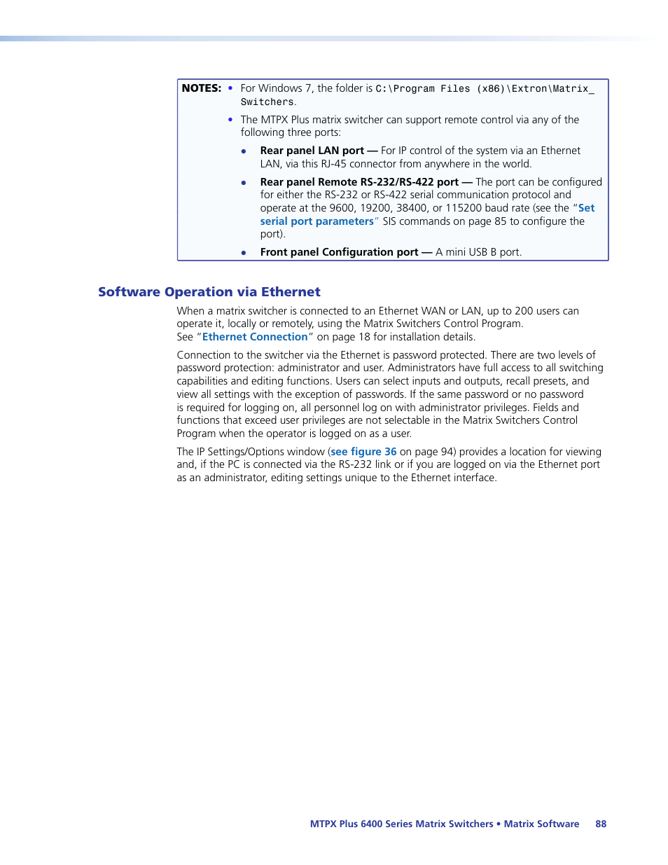Software operation via ethernet | Extron Electronics MTPX Plus 6400 Series User Guide User Manual | Page 94 / 166