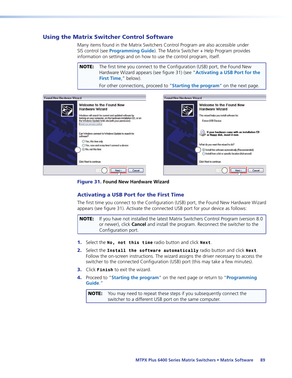 Using the matrix switcher control software, Activating a usb port for the first time | Extron Electronics MTPX Plus 6400 Series User Guide User Manual | Page 95 / 166