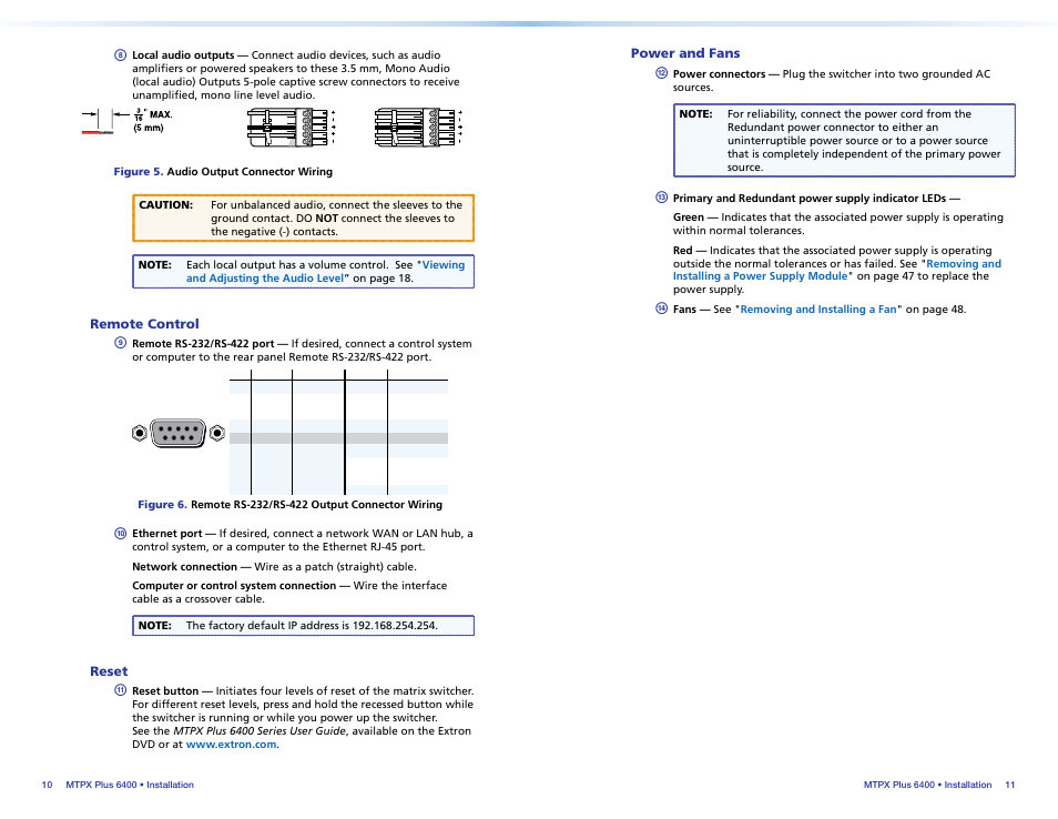 Remote control, Reset, Power and fans | Remote control reset power and fans | Extron Electronics MTPX Plus 6400 Series Setup Guide User Manual | Page 10 / 29