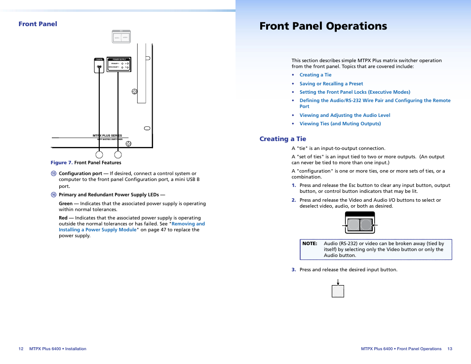 Front panel, Front panel operations, Creating a tie | Perform basic operations, Use both the, Front panel controls | Extron Electronics MTPX Plus 6400 Series Setup Guide User Manual | Page 11 / 29