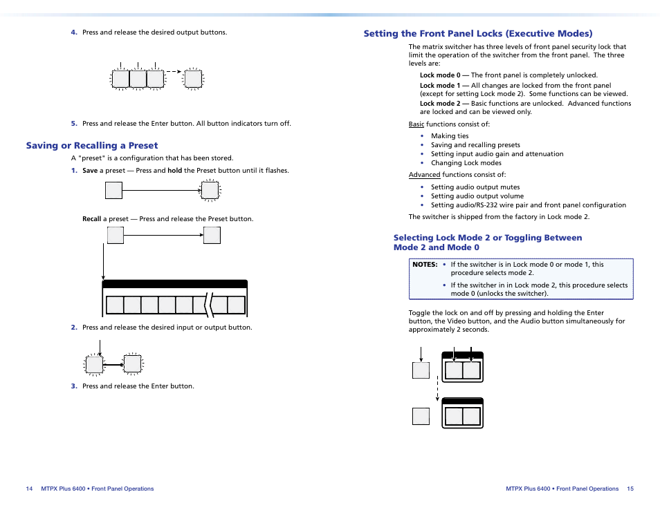 Saving or recalling a preset, Setting the front panel locks (executive modes), Executive modes) | Extron Electronics MTPX Plus 6400 Series Setup Guide User Manual | Page 12 / 29