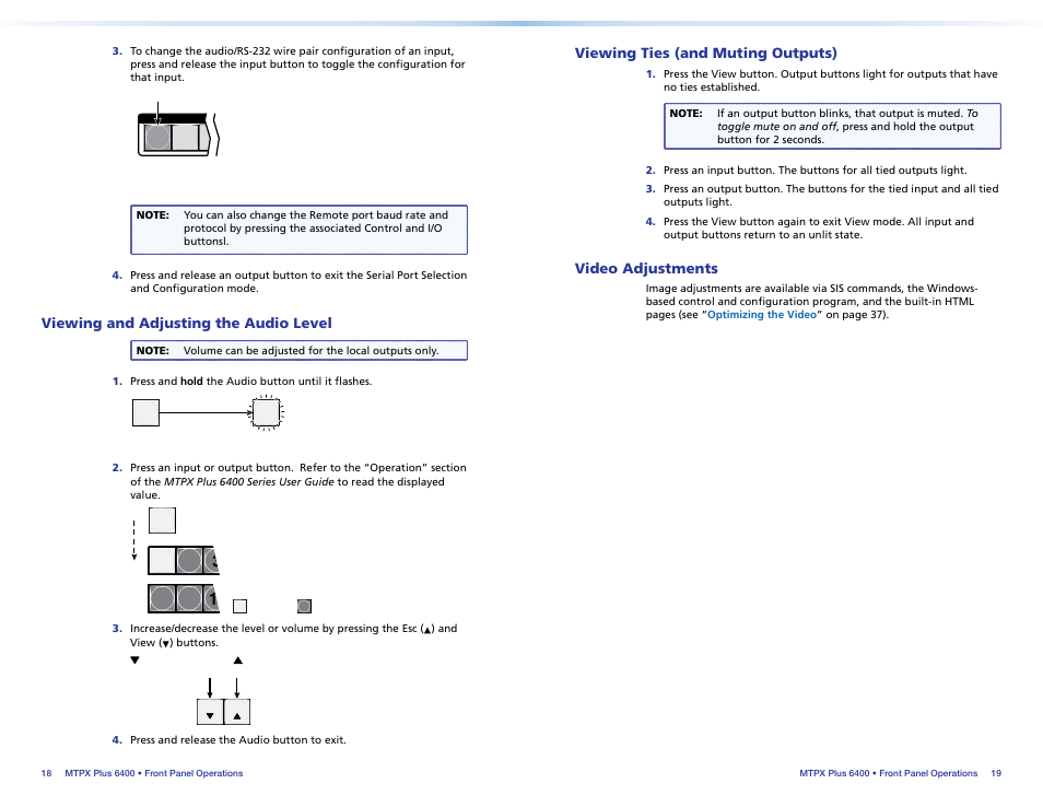 Viewing and adjusting the audio level, Viewing ties (and muting outputs), Video adjustments | Viewing and adjusting, The audio level, Viewing ties, And muting outputs), Viewing, And adjusting the audio level | Extron Electronics MTPX Plus 6400 Series Setup Guide User Manual | Page 14 / 29