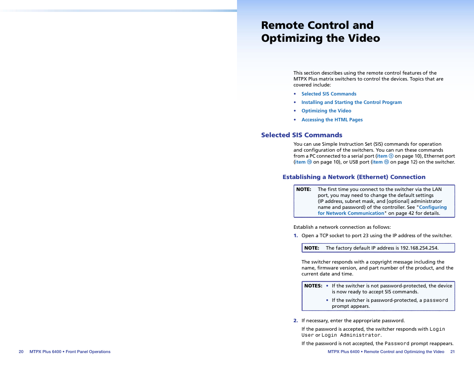 Remote control andoptimizing the video, Selected sis commands, Establishing a network (ethernet) connection | Remote control and optimizing, The video, Remote control and optimizing the video | Extron Electronics MTPX Plus 6400 Series Setup Guide User Manual | Page 15 / 29