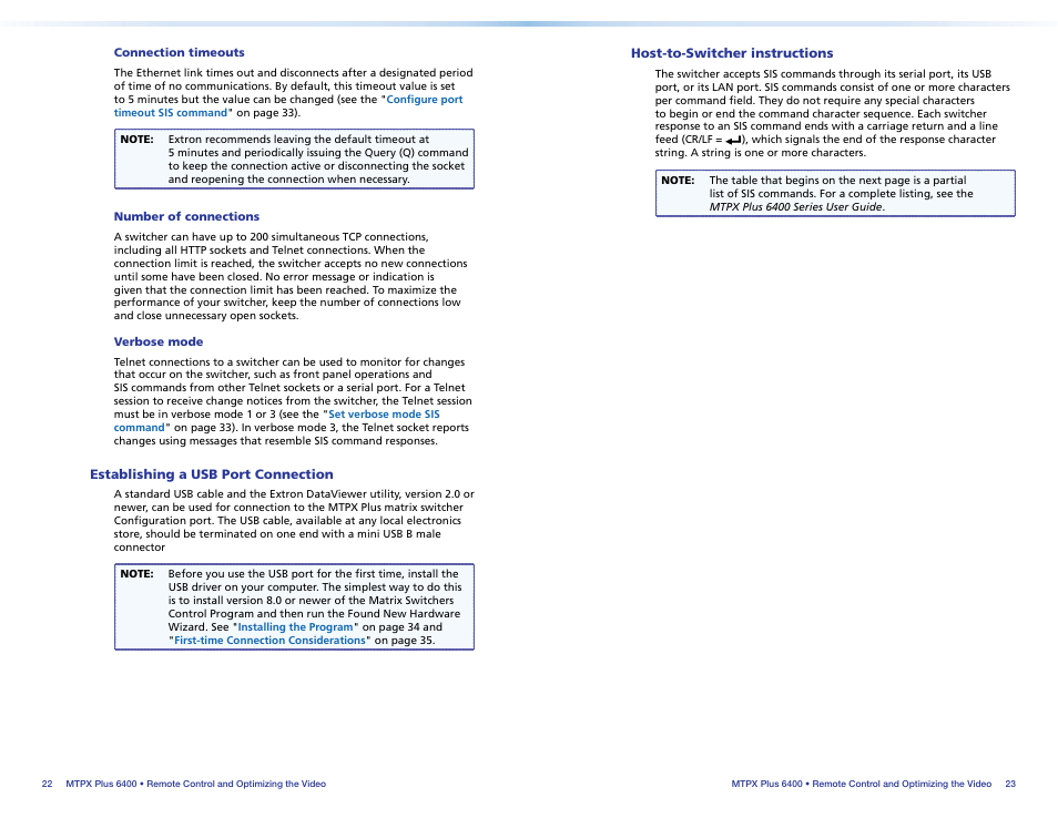 Connection timeouts, Number of connections, Verbose mode | Establishing a usb port connection, Host-to-switcher instructions | Extron Electronics MTPX Plus 6400 Series Setup Guide User Manual | Page 16 / 29