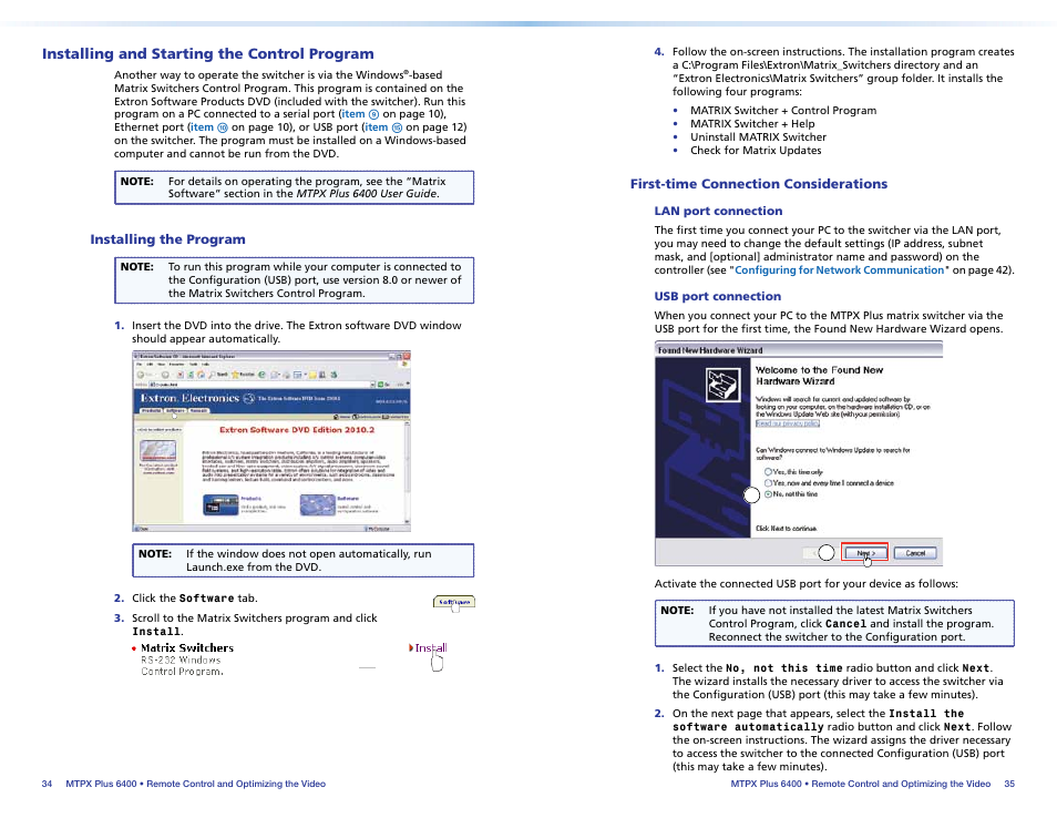 Installing and starting the control program, Installing the program, First-time connection considerations | Lan port connection, Usb port connection, Installing and starting, The control program | Extron Electronics MTPX Plus 6400 Series Setup Guide User Manual | Page 22 / 29