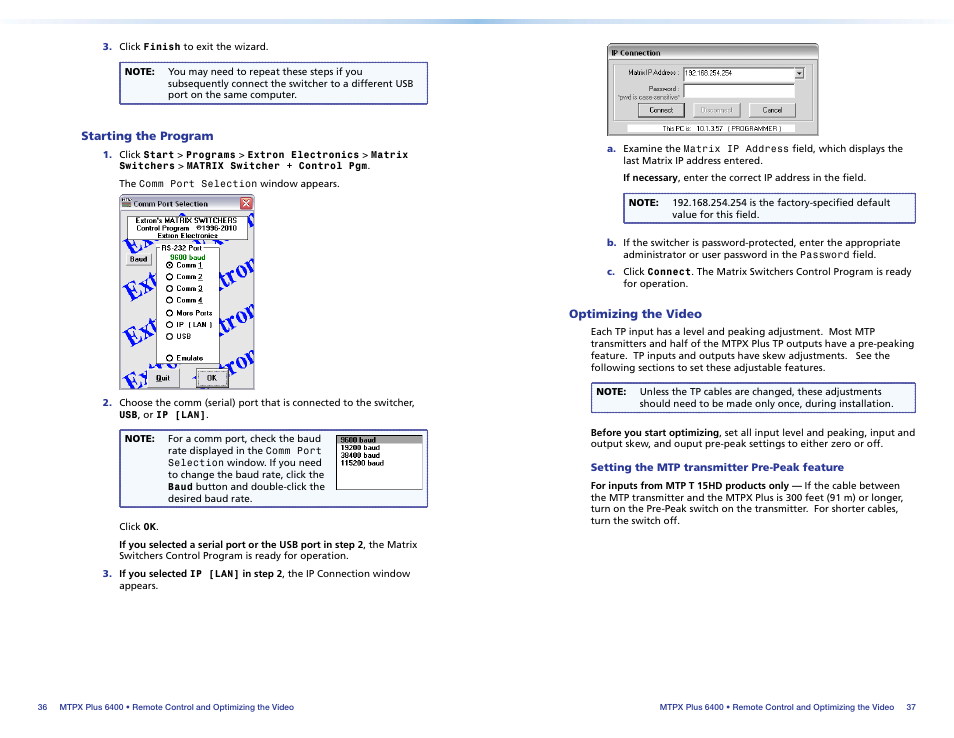 Starting the program, Optimizing the video, Setting the mtp transmitter pre-peak feature | Starting the program optimizing the video, Optimize the video output | Extron Electronics MTPX Plus 6400 Series Setup Guide User Manual | Page 23 / 29