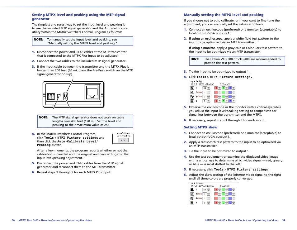 Manually setting the mtpx level and peaking, Setting mtpx skew | Extron Electronics MTPX Plus 6400 Series Setup Guide User Manual | Page 24 / 29